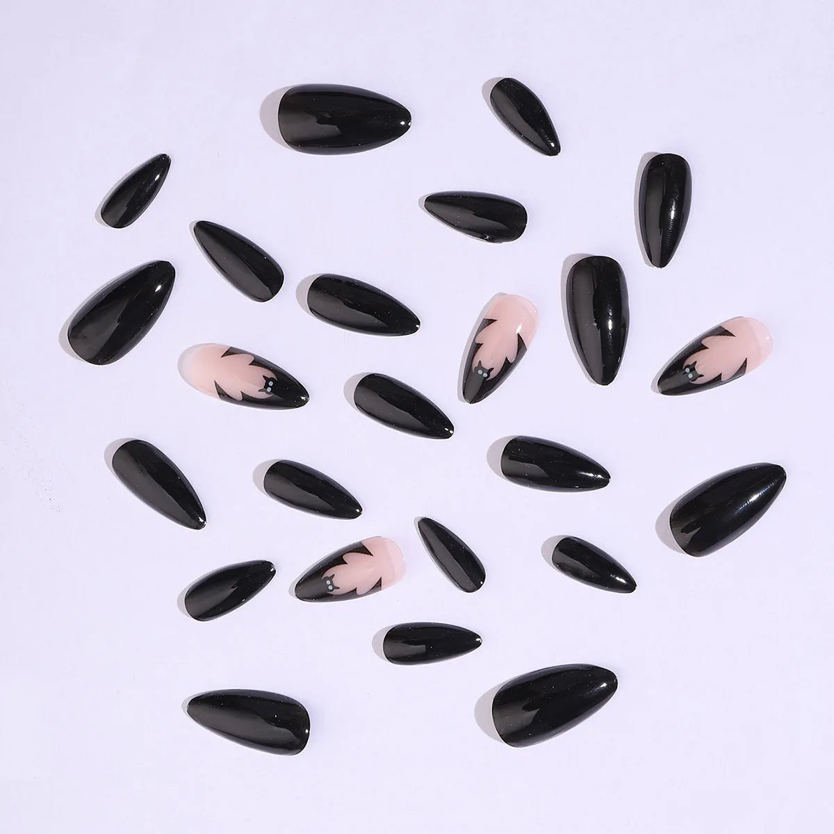 Black Cool Fake Nails Halloween Bat Press on Nails Almond Decorated Nail Tips Rivet Bow False Nails 24pcs Reusable Acrylic Nails