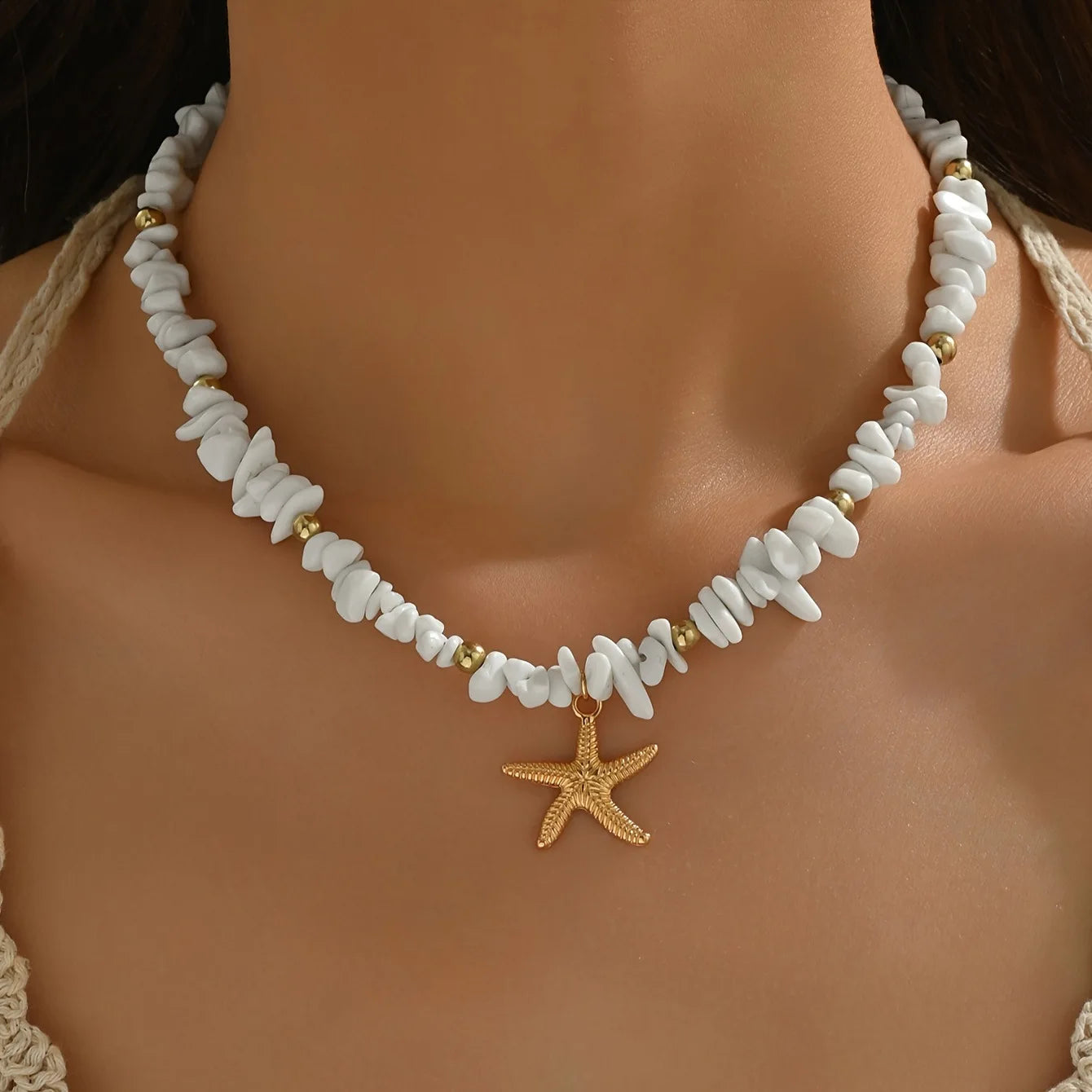 Handmade Seashell Beaded Choker – Starfish Pendant Ocean Inspired Necklace