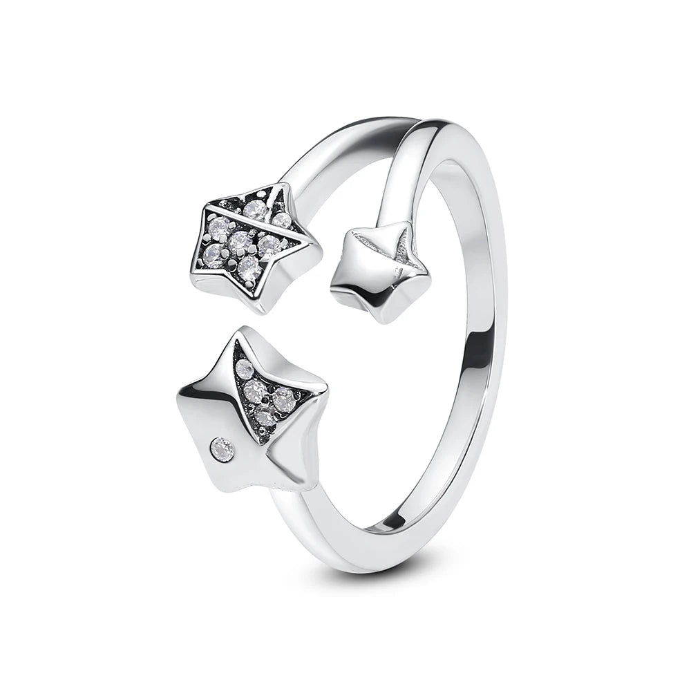 Original 925 Sterling Silver Rings Sun Moon Star Pave CZ Gold Color Stackable Ring For Women Engagement Gift Jewelry