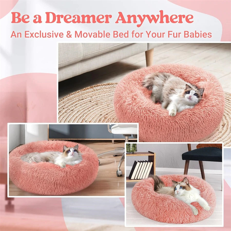 Soft Long Plush Cat House Beds dog Calm Warm Faux Fur Bed Donut Round Comfortable Sleeping Bed Washable for Small Medium Dog Cat