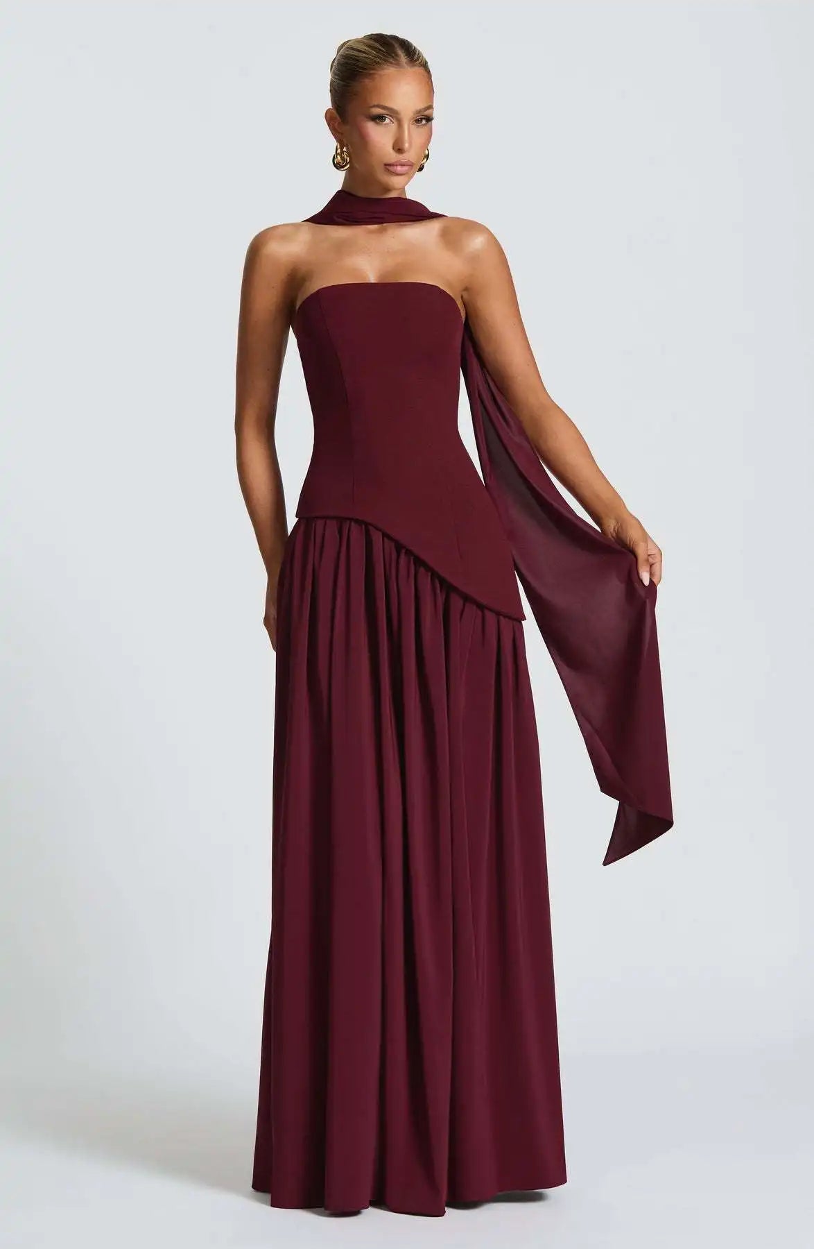 Elegant Off-shoulder Strapless Sexy Summer Party Women Gown Patchwork Pleat Scarf Neck Holiday Evening High Split Long Dresses