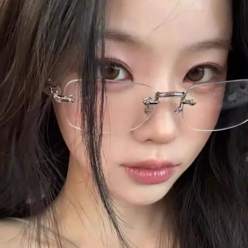 Square Rimless Eyeglasses Women Men Blue Light Blocking Glasses Designer Retro Shade Eyewear UV400 Silver Computer Glasses