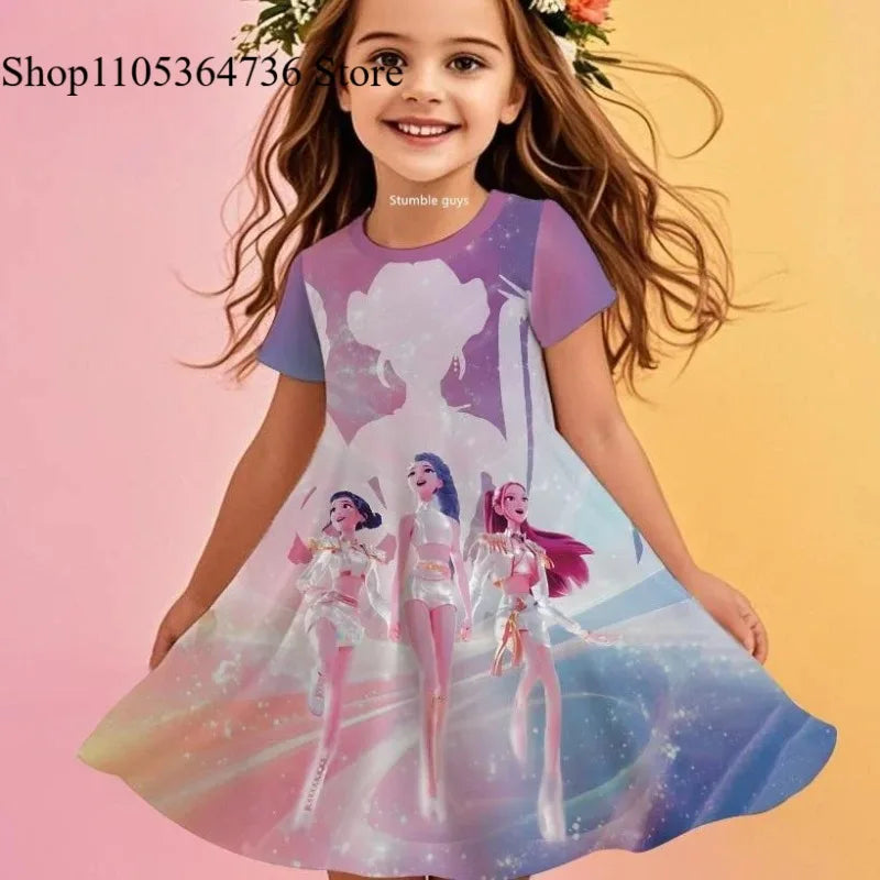 Kpop Demon Hunters Girls Toddler Dress Summer Kids Cartoon Anime Princess Beach Outfit Casual Nightgown