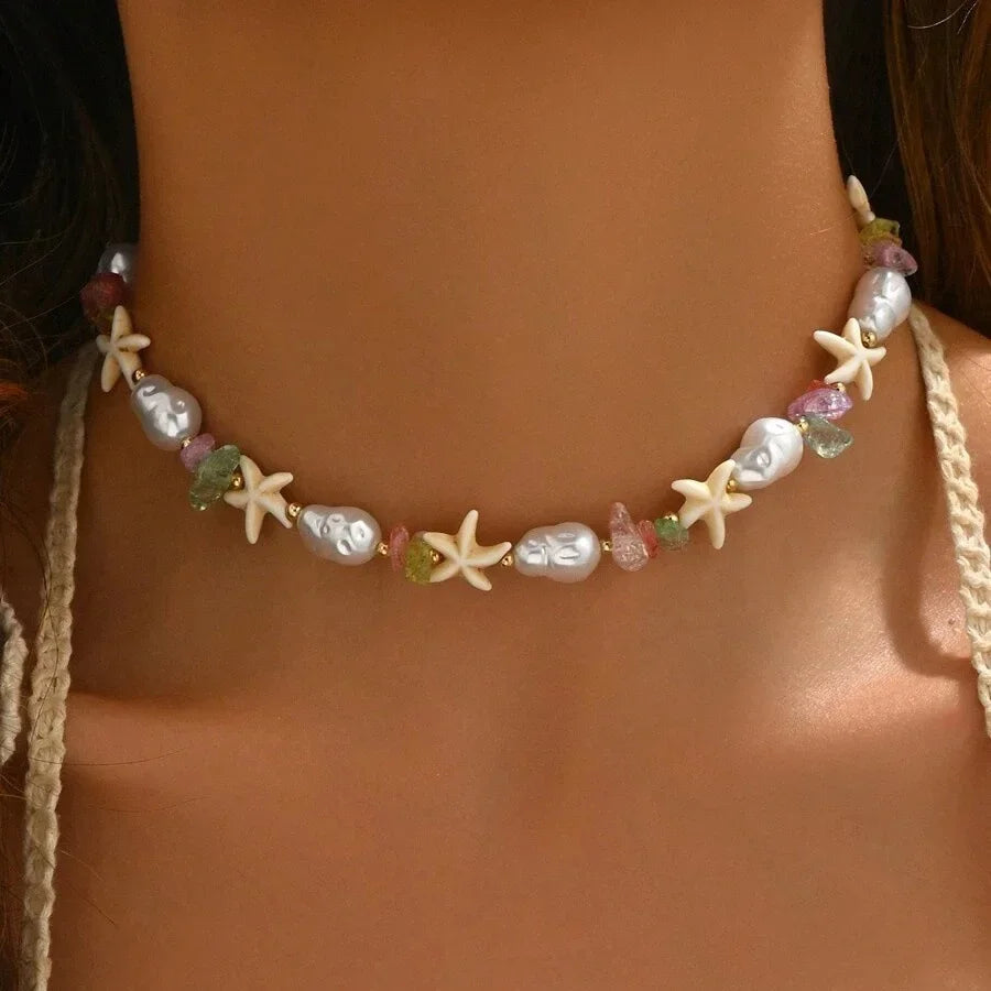 Exquisite Seashell Beaded Choker Necklace – Handmade Starfish Ocean Jewellery