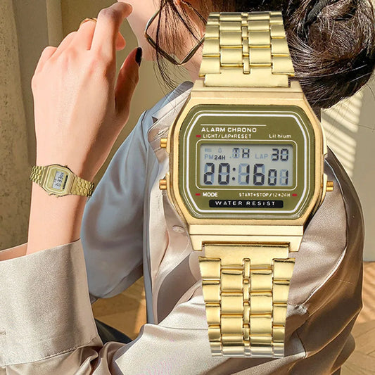 Women's Elegant Digital Wrist Watch – Gold Silver Stainless Steel Ladies Watch