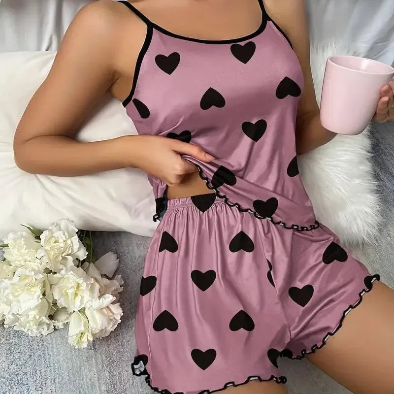 Women'S Pajama Set Pajamas T-Shirts Shorts Pink Heart-Shaped Print Round Neck T-Shirt Ice Silk Top Comfortable Casual Summer