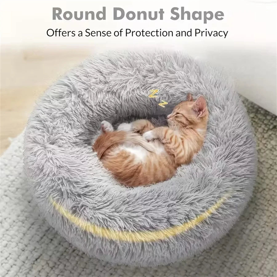 Soft Long Plush Cat House Beds dog Calm Warm Faux Fur Bed Donut Round Comfortable Sleeping Bed Washable for Small Medium Dog Cat