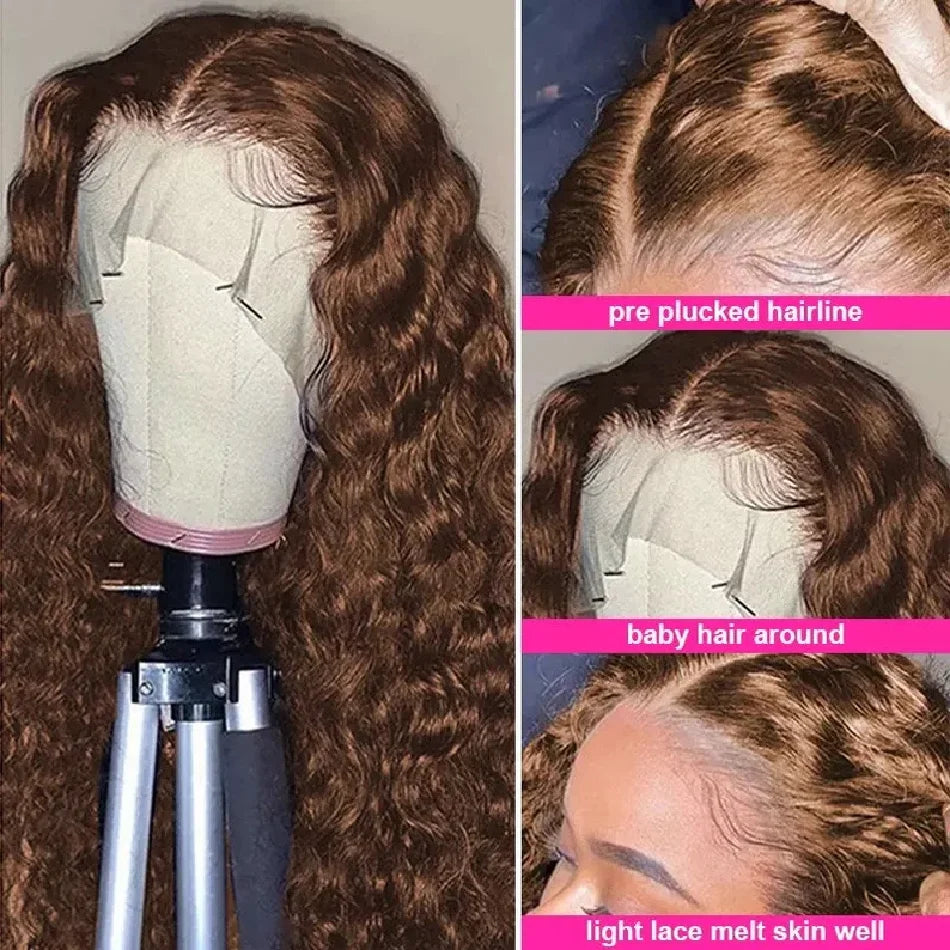 Chocolate Brown 13x6 HD Lace Frontal Wig with 13x4 Curly Deep Wave Human Hair Water Wave Brazilian Style for Women 4x4 Hair