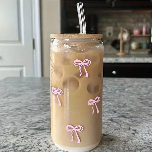 Pink Bow Glass Tumbler with Lid & Straw – 500ml Aesthetic Iced Drink Cup