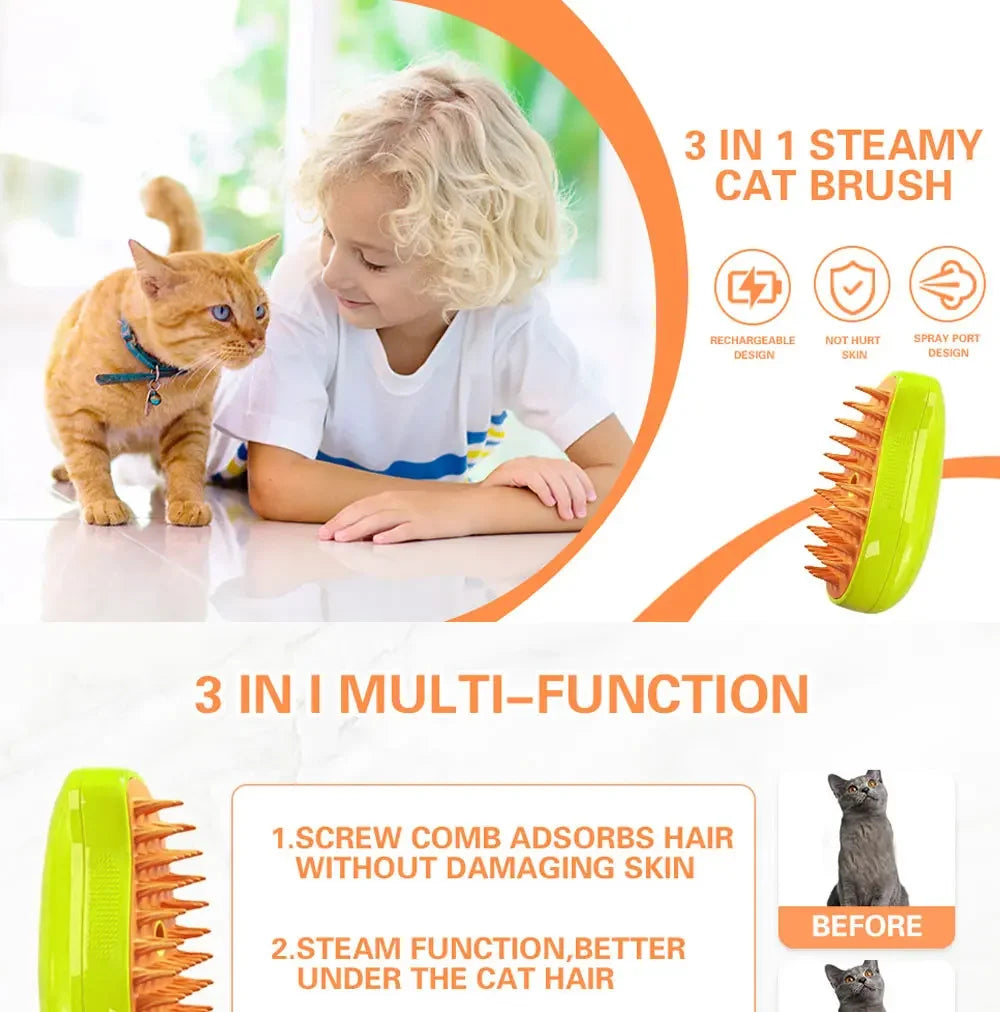 Electric Steamy Brush for Cat and Dog, Steam Brush, Electric Sprayer for Massage, Pet Grooming Tool, Shedding Combs, 3 in 1