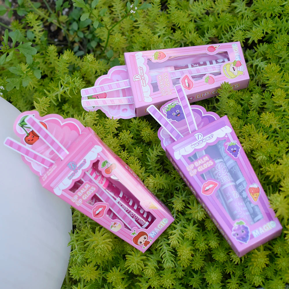 Cute Ice Cream Shiny Lip Gloss Lip Balm Set Girls Woman Waterproof Longlasting Natural Moisturizing Lips Makeup