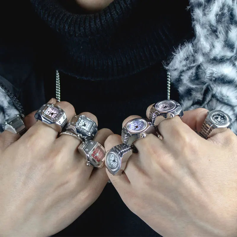 Vintage Y2K Finger Watch Rings for Women Men Elastic Stretchy Roman Quartz Mini Watches Rings Punk anillos Gift