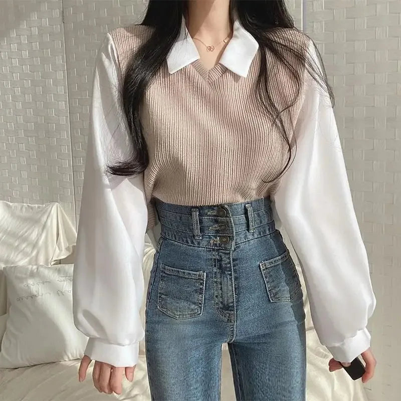 Women's Korean Style Polo Collar Blouse – Y2K False Two-Piece Loose Streetwear Top