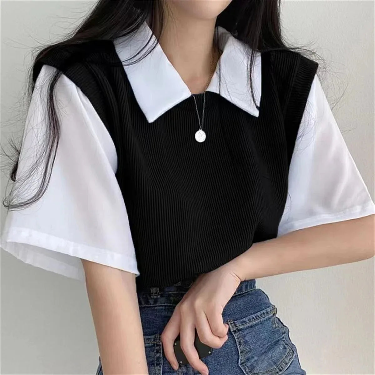Women's Korean Style Polo Collar Blouse – Y2K False Two-Piece Loose Streetwear Top