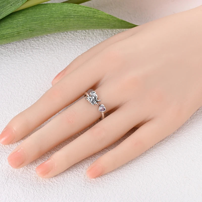 925 Sterling Silver Creative Elephant Parent Child Open Ring Sparkling Zircon Rings For Women Fine Anniversary Jewelry Gifts