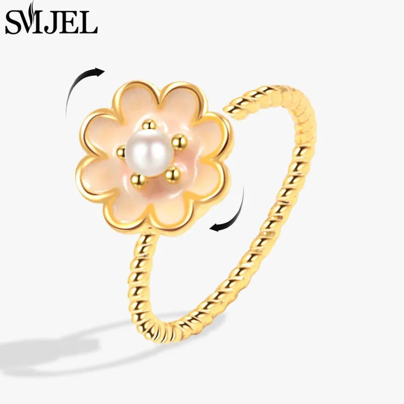 Bohemia Fidget Spinner Ring Anxiety for Women Multiple Crystal Flower Adjustable Open Rings Rotate Anti Stress Wedding Jewelry