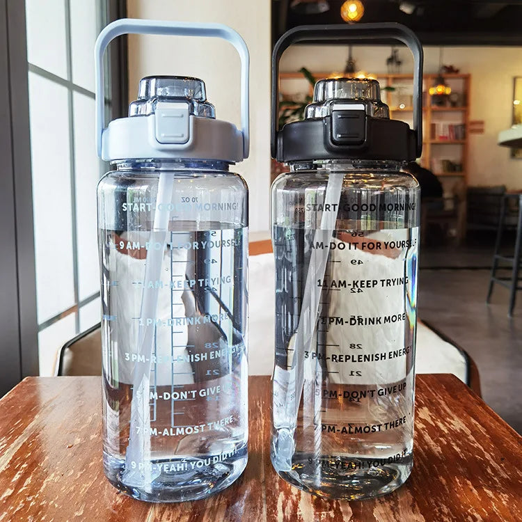2-Litre Large Capacity Sports Water Bottle with Straw – Time Marker Fitness Jug