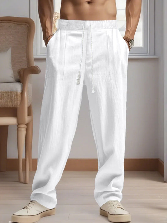 New men's Chinese-style solid-color cotton and linen pants for spring and autumn, with multiple pocket drawstring designs