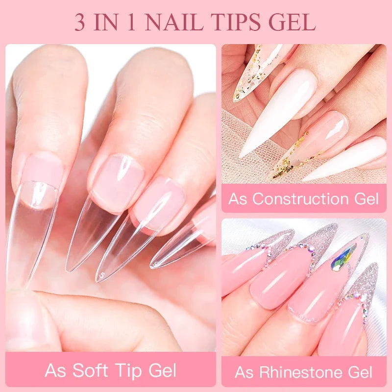 3 IN 1 Soft Nail Tips Gel Transparent Nail Tips Gel For False Nails Extension Strong Adhesive Tip Glue UV LED Soak Off Manicure