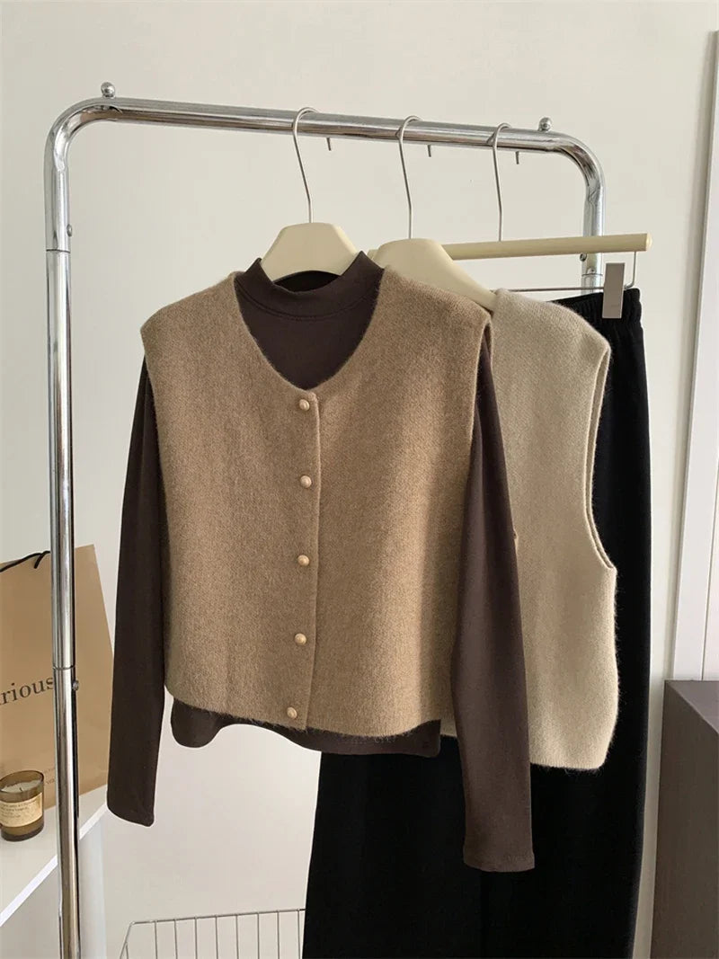 Dames Trui Vest Goudkleurige Knopen Gilet Zacht Gebreid Mouwloos Vest Jasje Top Herfst Winter Koreaanse Dames Chique Outfit