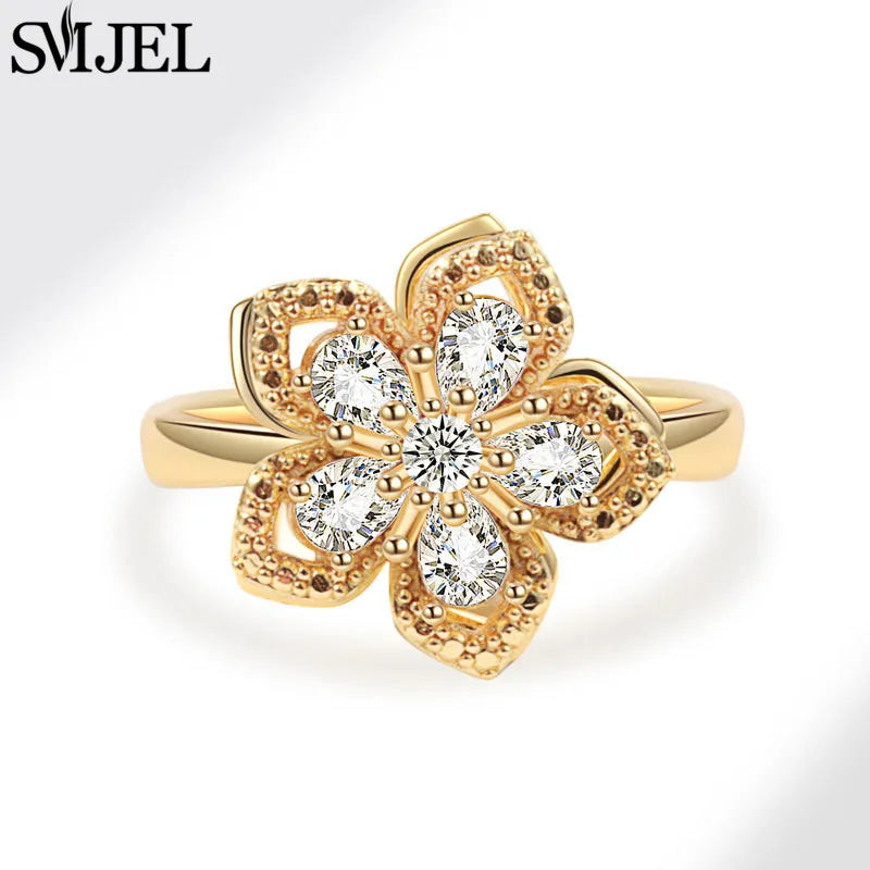 Bohemia Fidget Spinner Ring Anxiety for Women Multiple Crystal Flower Adjustable Open Rings Rotate Anti Stress Wedding Jewelry