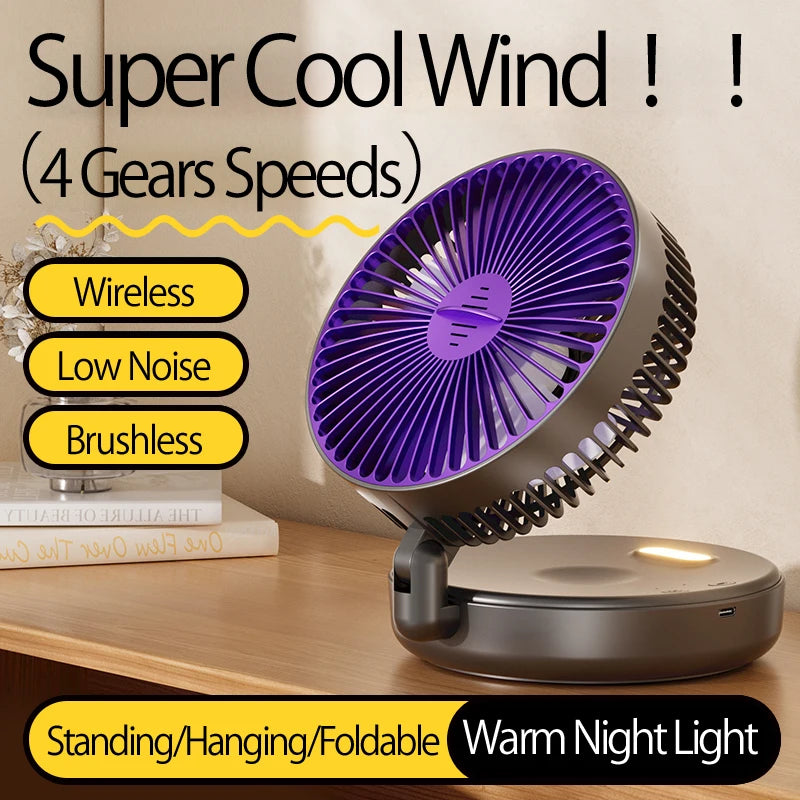 Rechargeable 3-in-1 Portable Fan with Night Light — Wall Mount, 90° Fold, 4 Speeds