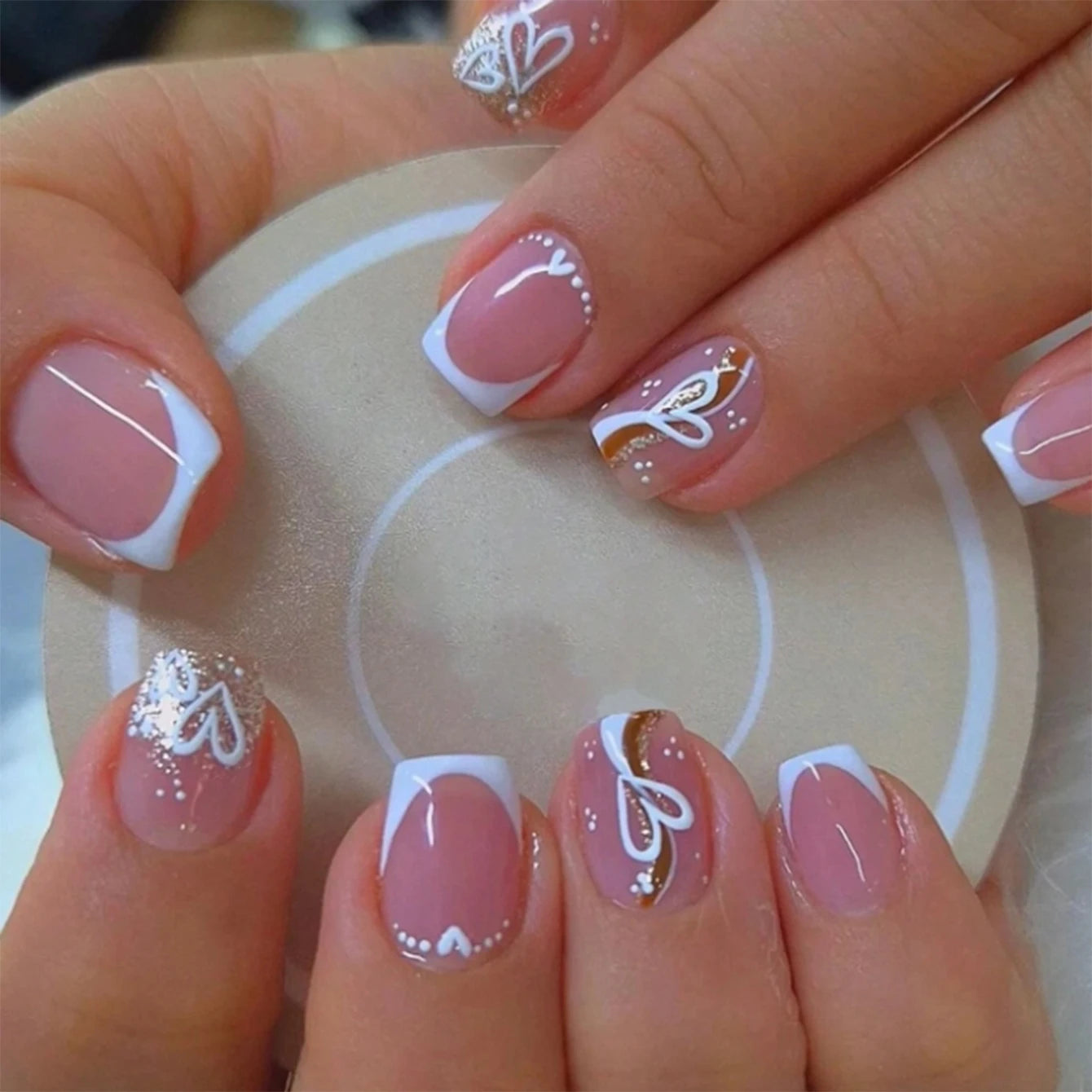 24 PCs Short Square French Heart Simple Nails with 1 Jelly Glue and 1 Nail File