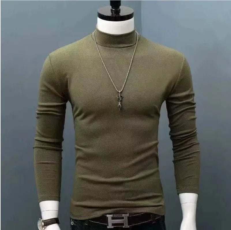 Fashion Men's Oversize High Collar Long Sleeves Autumn Winter Pure Thermal Shirt for Men Layering Stylish T-Shirt