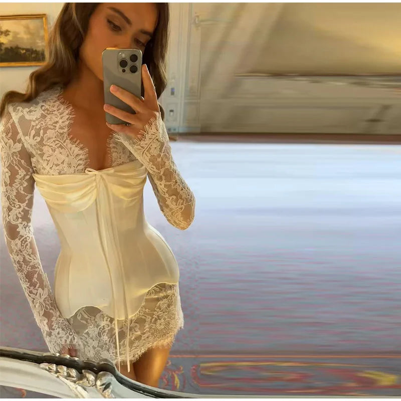 Lace Sheer Sweetheart Neck Maxi Dress Long Sleeve Corset Waist Mermaid Hem Bridal Gown 2026 Summer Elegant Form-Fitting Dresses