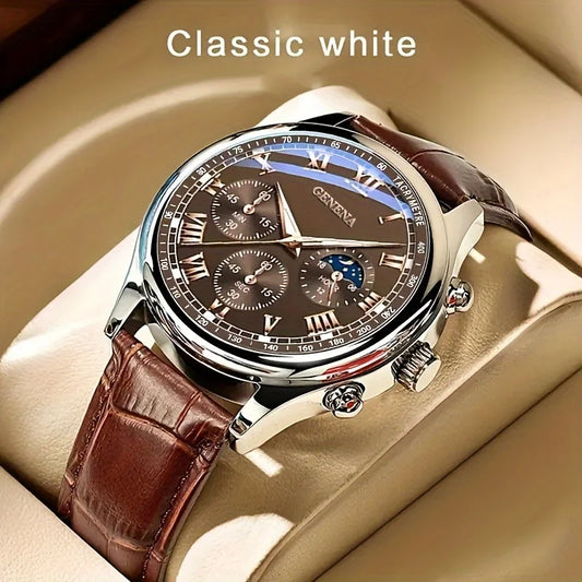 GENEVA Men's Premium Belt Quartz Watch – Round Business Sport Watch
