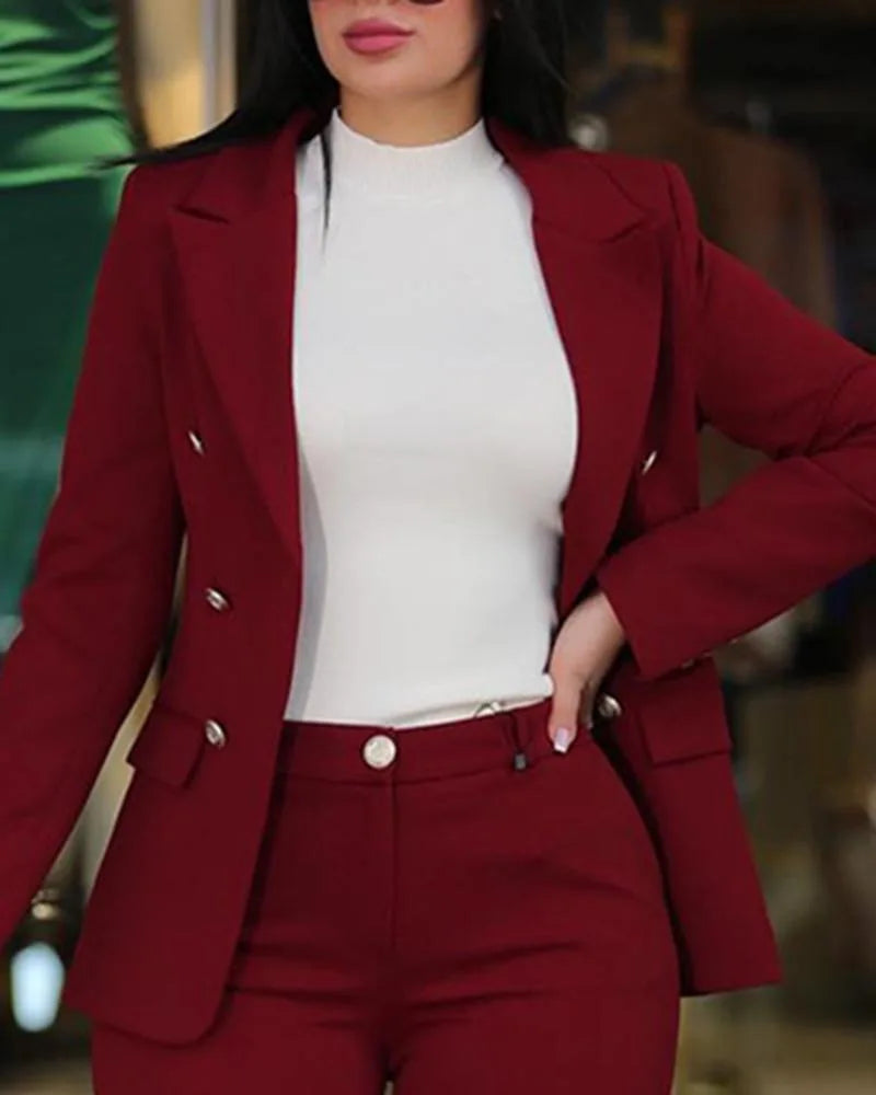 2-delige dameskledingset voor op kantoor: blazer met lange mouwen en potloodbroek met hoge taille, effen kleur