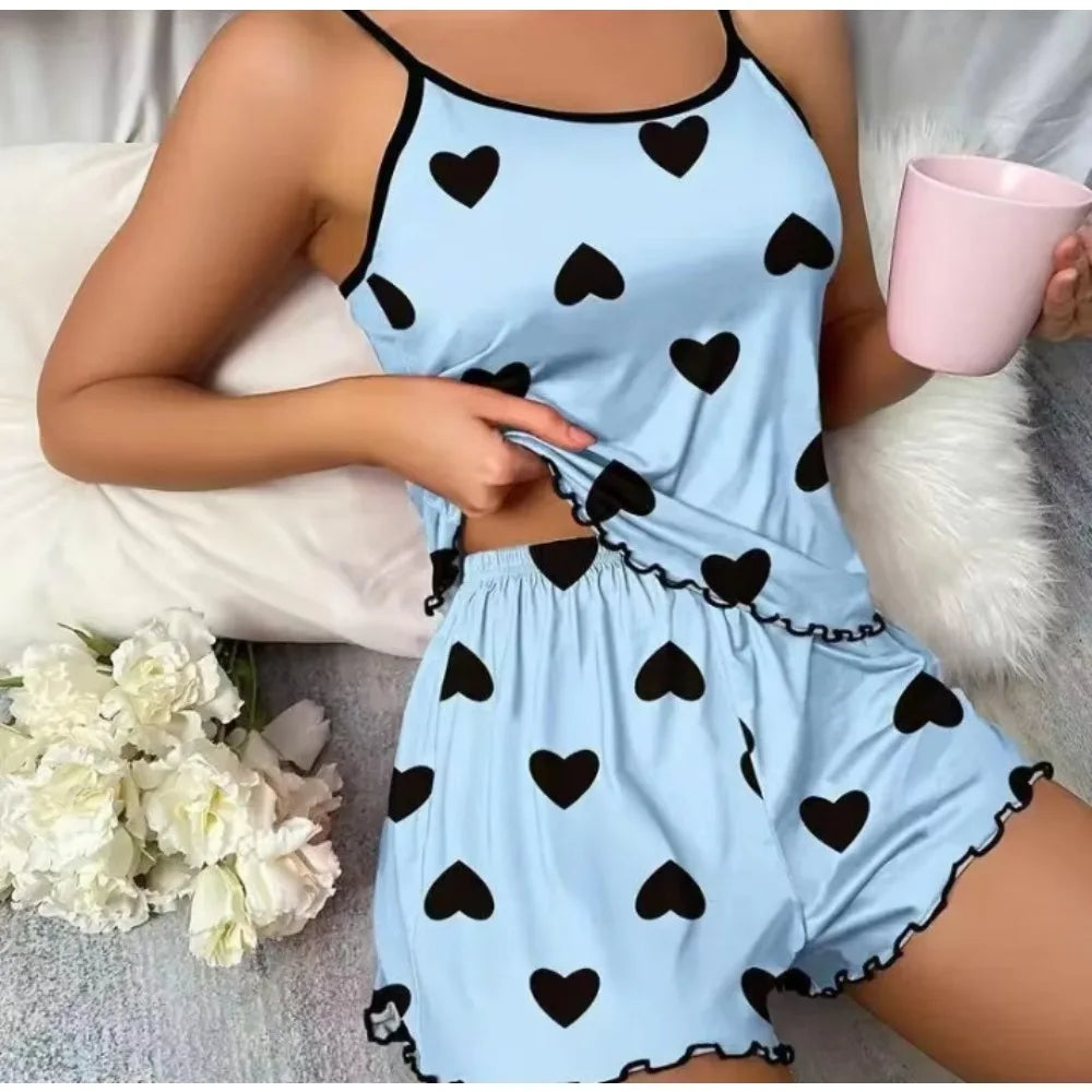 Casual Loungewear Set for Women – Heart-Print Ice Silk Tee & Shorts, Summer PJs