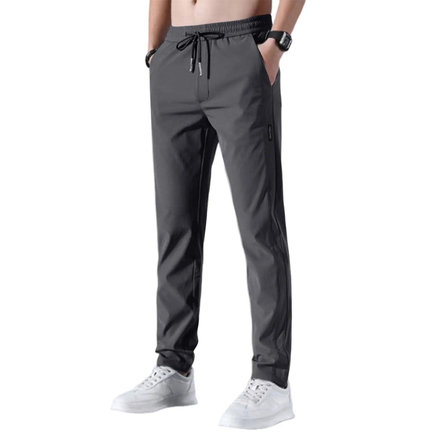 Men Fast Dry Stretch Pants Ice Silk Trousers Solid Color Mid-Waist Loose Breathable Straight-Leg Casual Pants Thin Sports Pants