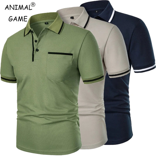 Men's Solid Colour Polo Shirt – Breathable Casual Summer Top with Pockets