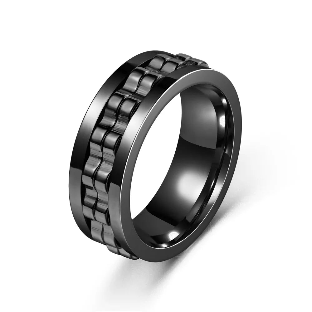 Anti Stress Stainless Steel Ring For Men Gear Chain Rotating Anxiety Relief Spinning Fidget Rings Punk Jewelry Size 6-13