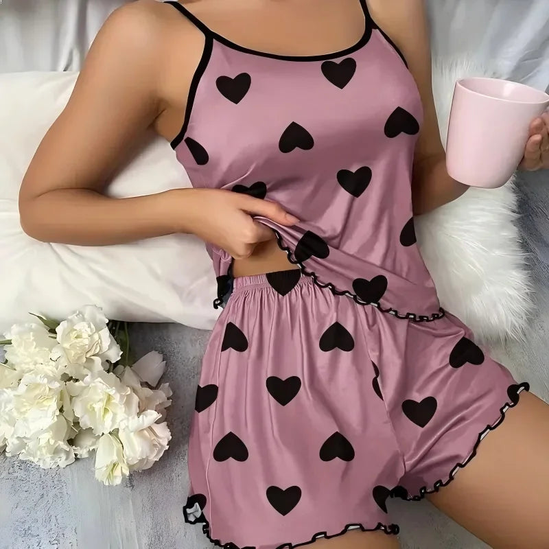 Women'S Pajama Set Pajamas T-Shirts Shorts Pink Heart-Shaped Print Round Neck T-Shirt Ice Silk Top Comfortable Casual Summer
