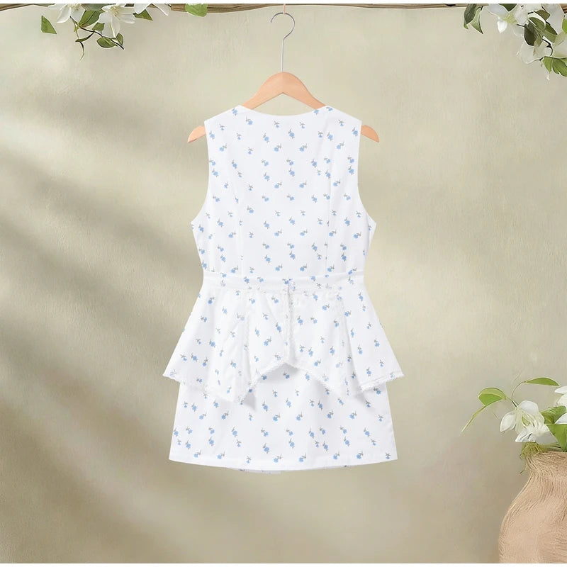 Elegant Printed Women's Dress Sleeveless Square Collar Waist-Closed Lady Mini Dresses With Waist Tape 2026 Summer Female Robe