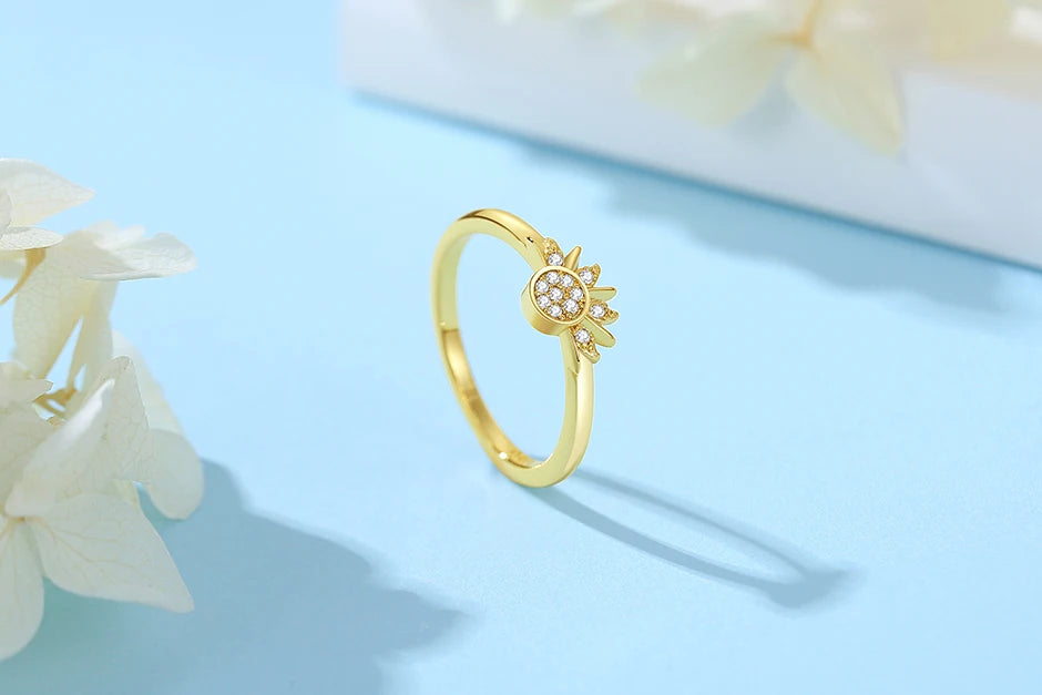 Original 925 Sterling Silver Rings Sun Moon Star Pave CZ Gold Color Stackable Ring For Women Engagement Gift Jewelry