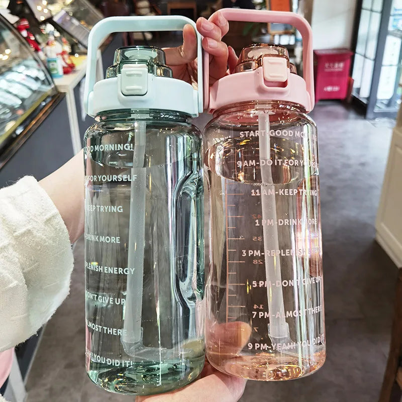 2-Litre Large Capacity Sports Water Bottle with Straw – Time Marker Fitness Jug