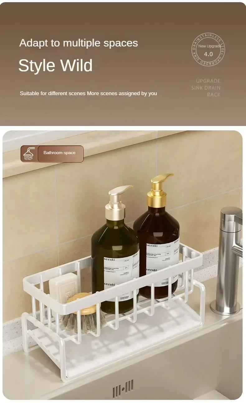 No-Punch Adhesive Kitchen Shelf & Sink Drain Rack – Spice Rack with Hooks