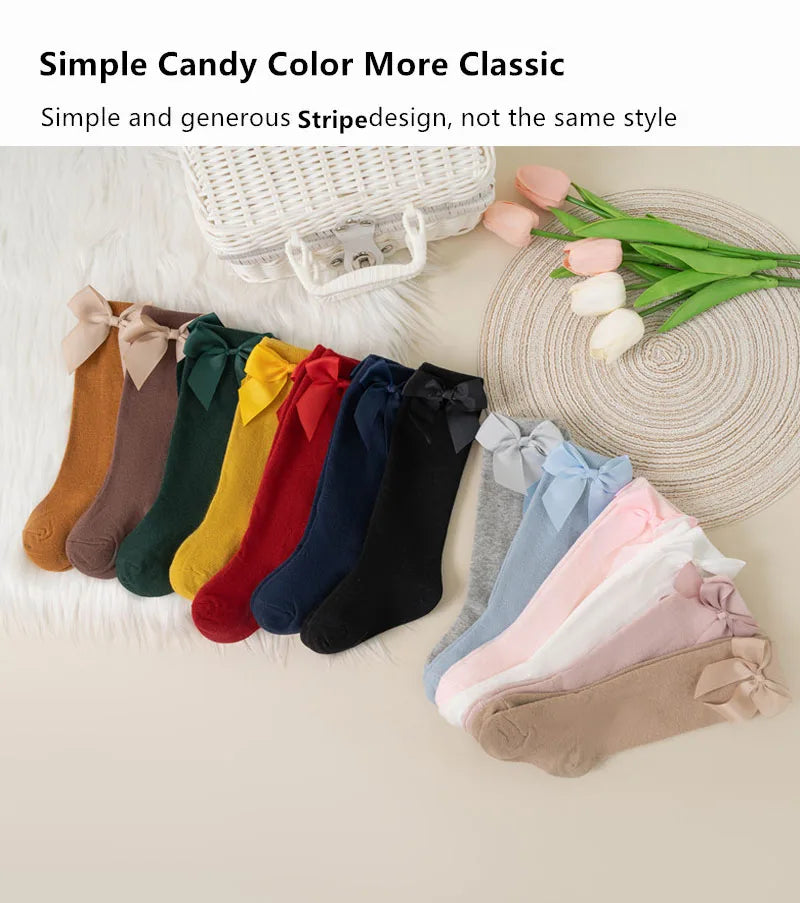3Pairs/Lot Baby Toddlers Socks Autumn Spring Children Kids Girls Knee High Long Sock Cotton Big Bow Spanish Style Princess Socks