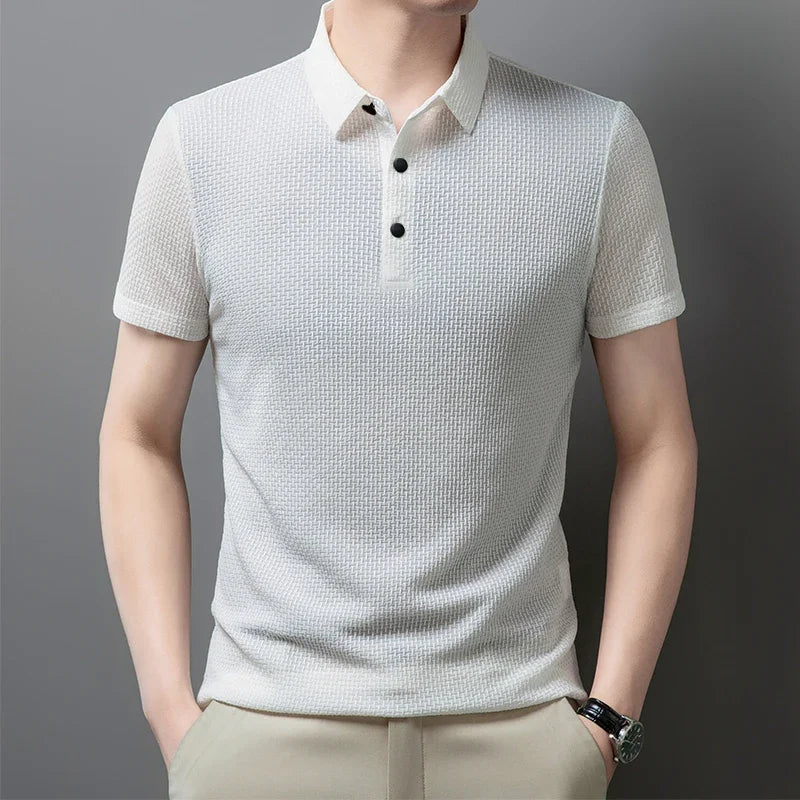 Men's Bone Flower Solid Color Polo Shirt Business Casual Short Sleeve Summer Breathable Versatile Top
