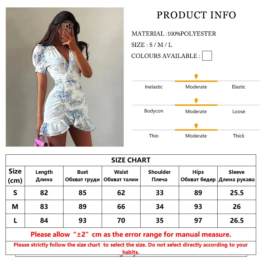 TTQV Sexy Slim Print Women's Dress 2026 Summer V-Neck Short Sleeve Mini Dresses Elegant Classic Ruffles Female Dress Streetwear