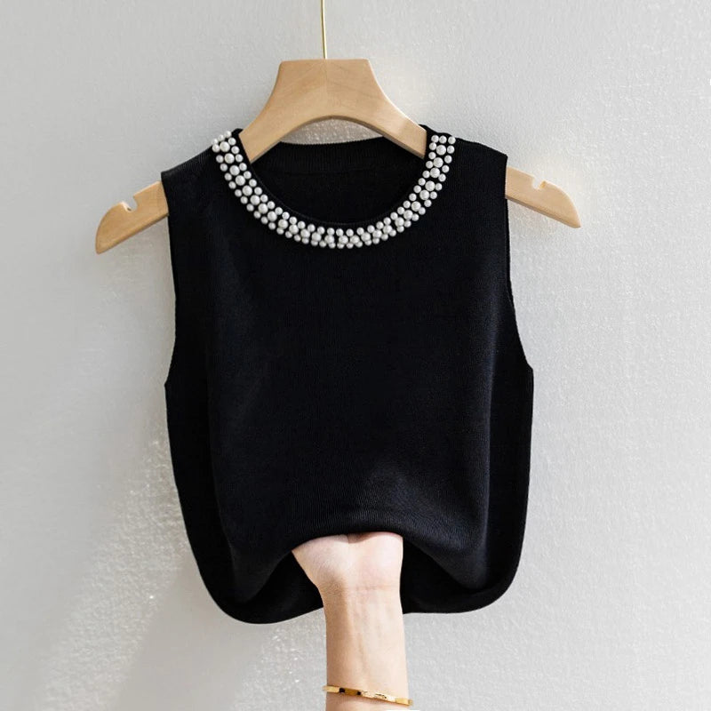 Korean Knitted Beaded Sleeveless Vest Top – Women's Casual Summer Fashion