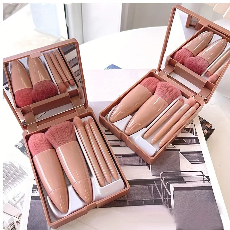 5-Piece Foldable Travel Makeup Brush Set with Mirror – Mini Portable Kit