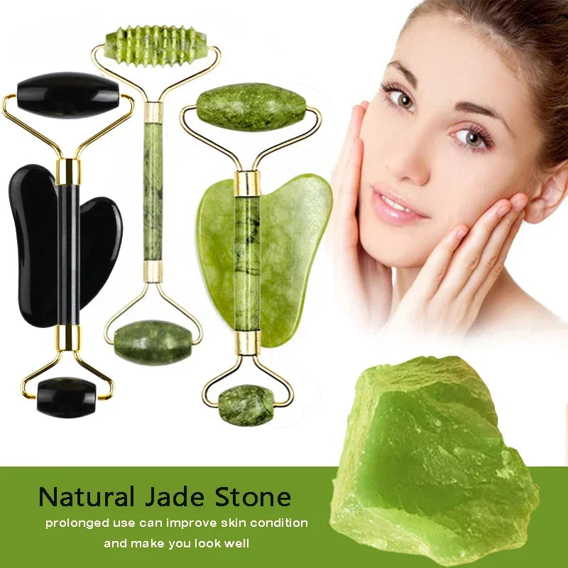 Jade Gua Sha & Face Roller Massage Set – Natural Stone SPA Skincare Tools