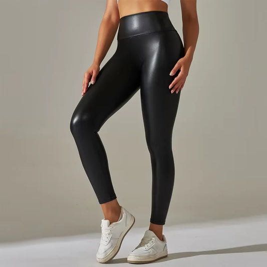 High-Waist Faux Leather Yoga Pants – Four-Season Stretch Trousers
