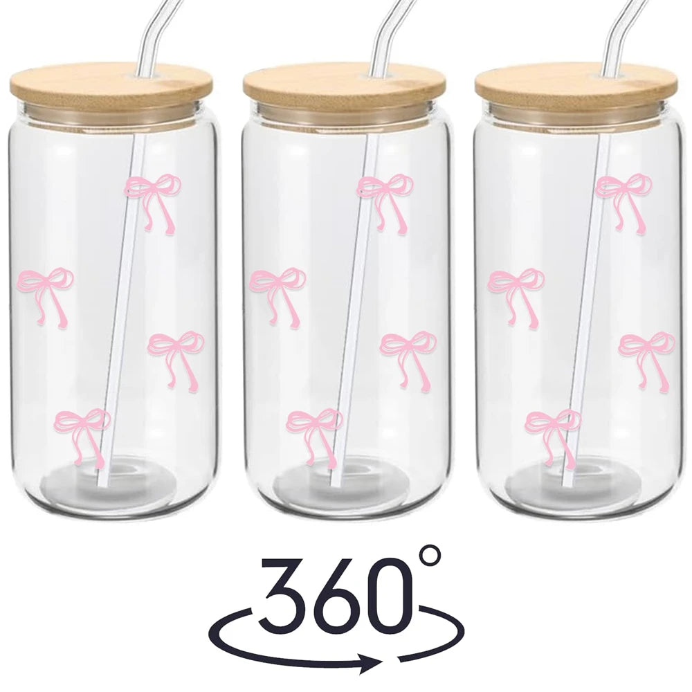Pink Bow Glass Tumbler with Lid & Straw – 500ml Aesthetic Iced Drink Cup