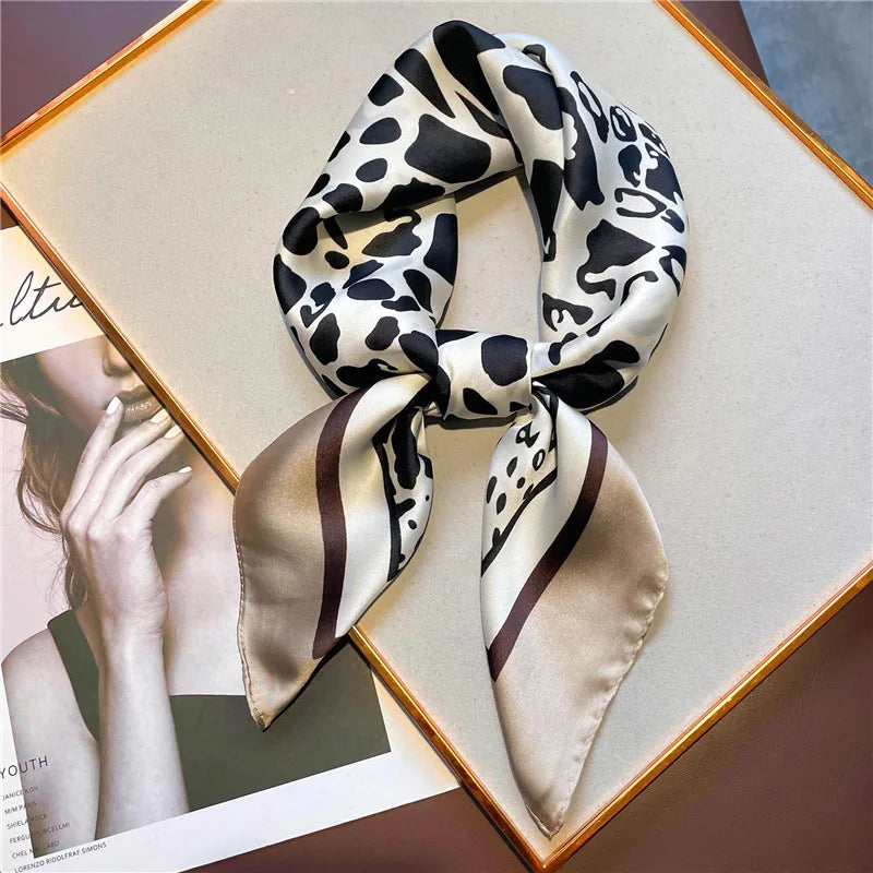 Luxury Brand Women Leopard Print Square Hijab Scarf Soft Satin Silk-like Small Neck Scarf Stylish Casual Headscarf