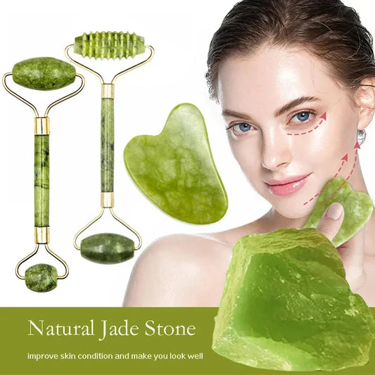 Jade Gua Sha & Face Roller Massage Set – Natural Stone SPA Skincare Tools
